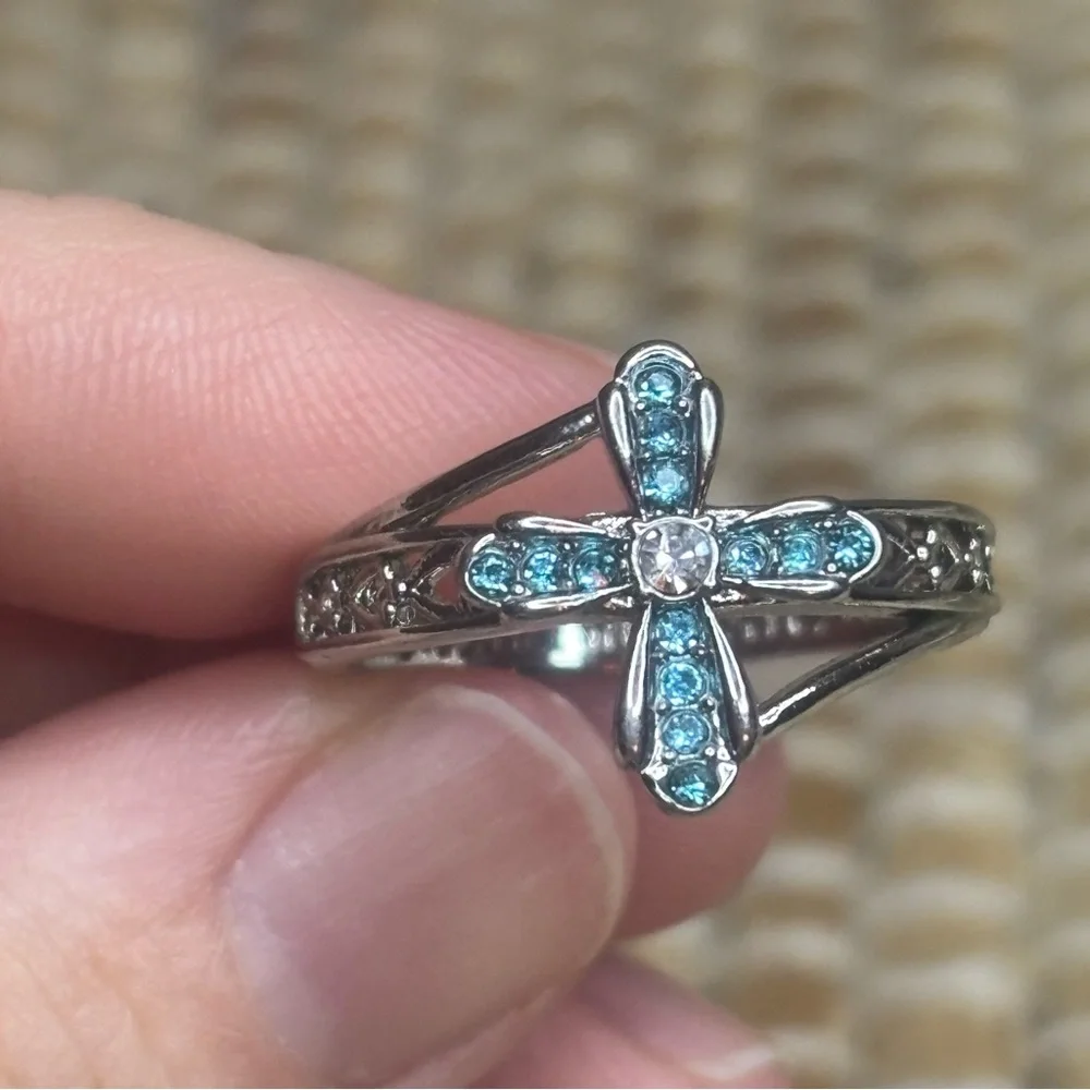 Blue and Clear CZ Silver Tone Cross Ring With God All Things are Possible Size 9 - Picture 4 of 9